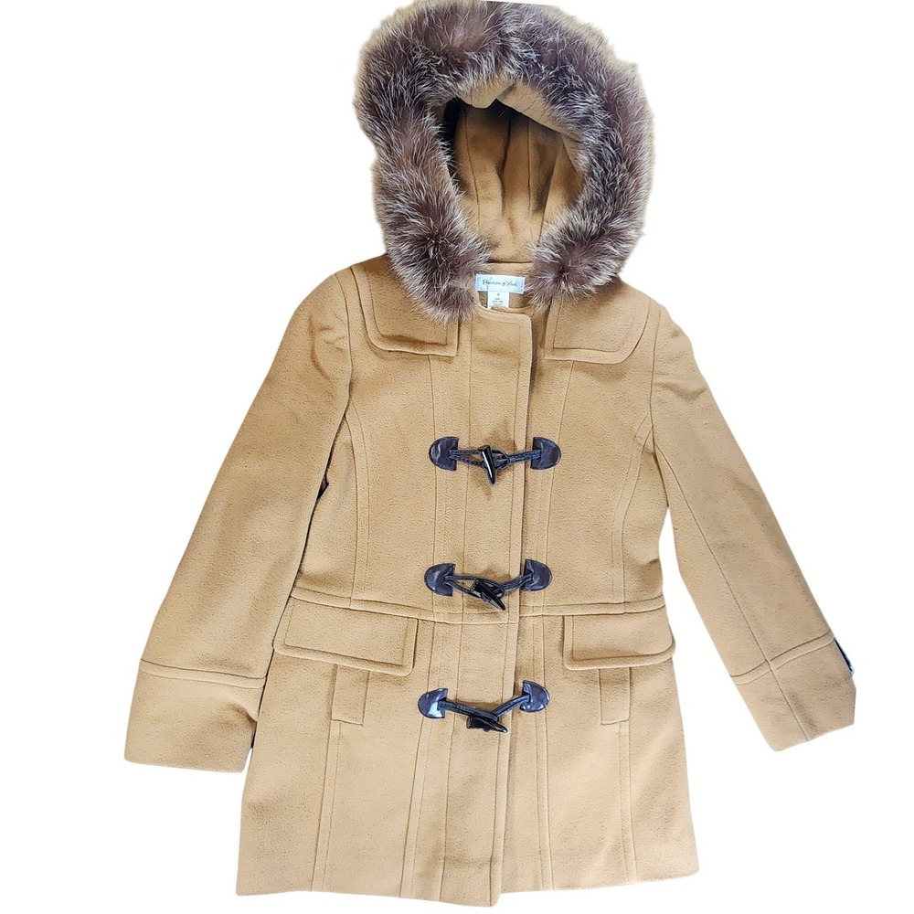 Preston & York Women Tan Wool Blend Duffle Coat Real Fur Hood Size 6